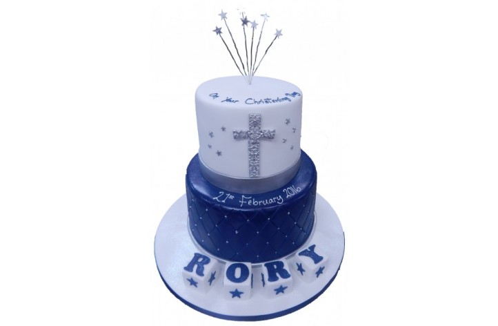 Tiered Christening Cake with Cross & Stars